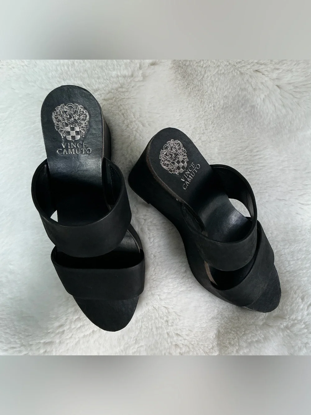 Vince Camuto Black Double-Strap Wedge Slide Sandals